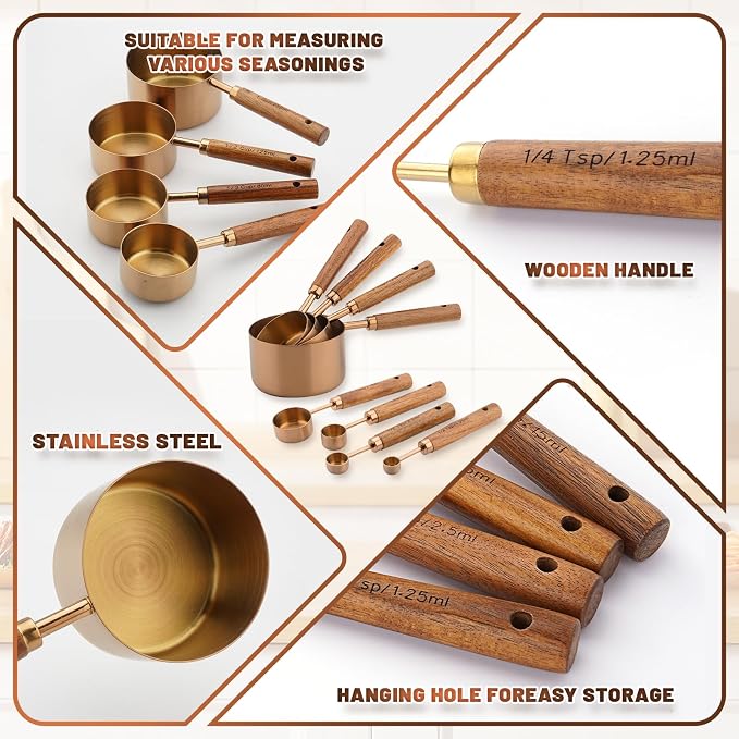 Premium Measuring Cups and Spoons Set with Wood Handle 8PCS | Stainless Steel Liquid and Dry Measuring Cup Set for Baking, Cooking, Coffee with Ergonomic Grip & Engraved Markings (Bronze)