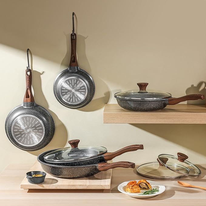 SENSARTE Nonstick Frying Pans, Grey(8+10 Inch) | Swiss Granite Coating, Free of PFOA&PFOS, Compatible with All Stoves Including Induction Cooktops, Easy to Clean