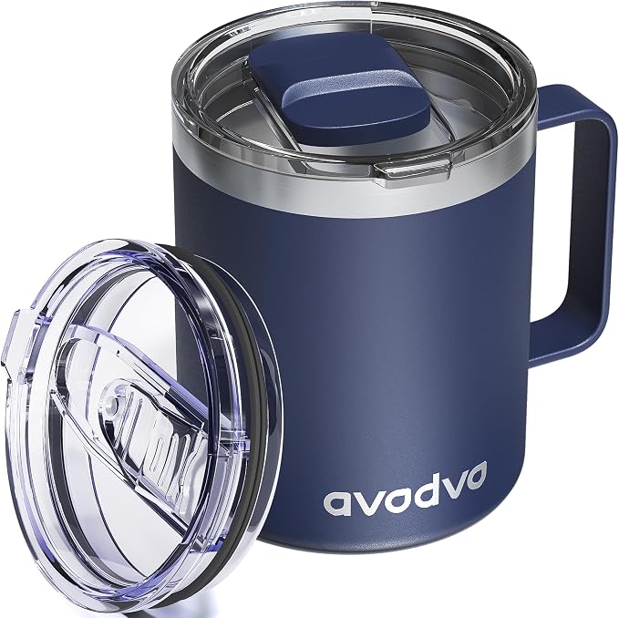 12oz Insulated Coffee Mug with Lid – Includes Two Lids, Stainless Steel Coffee Travel Mug with Handle, Double Wall Vacuum Insulated Camping Mug for Home, Office & Outdoor, Navy Blue