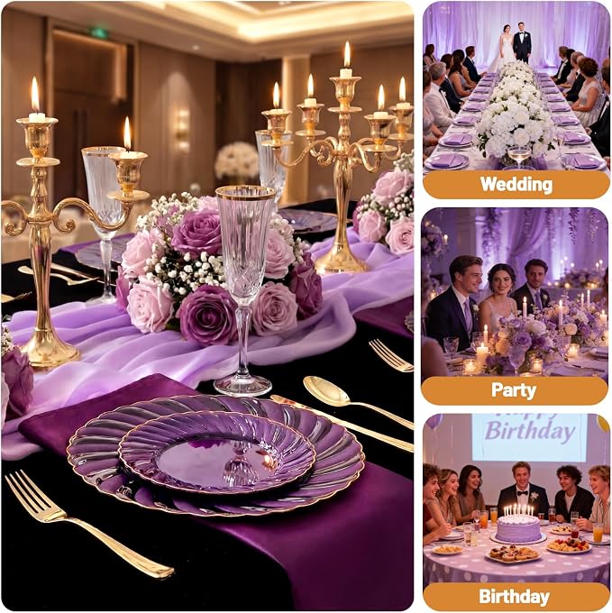YOUBET 125PCS Clear Purple Plastic Plates with Gold Rim for Wedding | Clear Purple Disposable Plates Include 25 Dinner Plates 25 Dessert Plates 75 Gold Silverwares for Birthday Parties