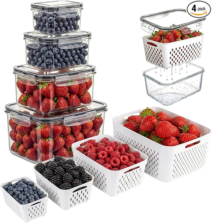 Berry keeper Fruit Storage Containers for Fridge with Removable Colander | 4 in 1 Food Storage Containers with Lids, Dishwasher Safe Easy to Clean, Keep Strawberry and Other Fruit Fresh Longer, 4PCS