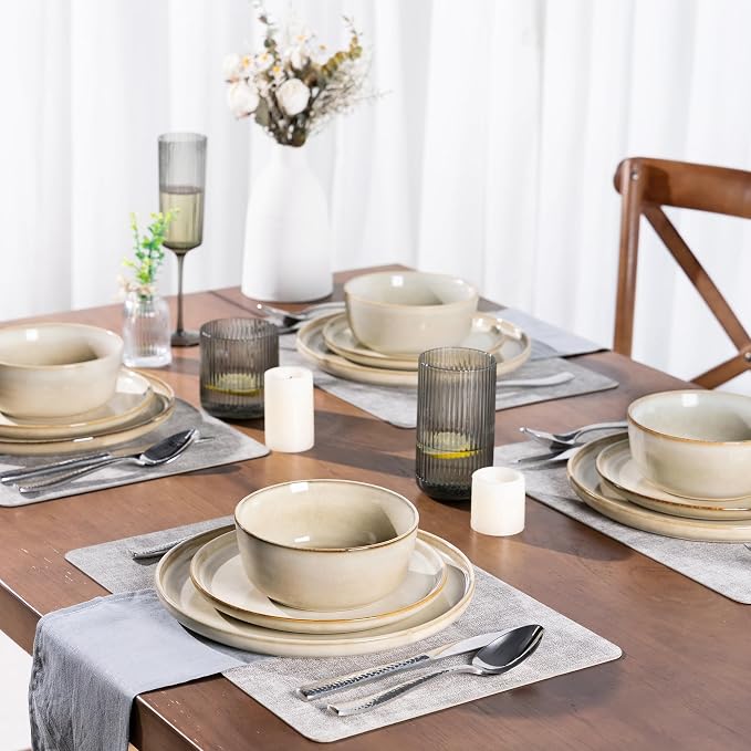 GBHOME Dinnerware Sets for 6, 24 Pieces Ceramic Plates and Bowls Set | Scratch Resistant Stoneware Dishes Set, Dishwasher & Microwave Safe, Reactive Glaze-Cappuccino