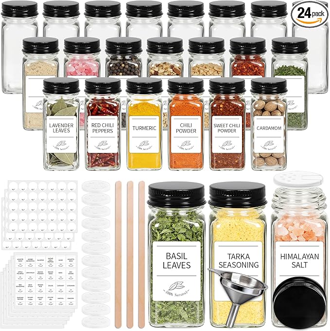 24 Pack Glass Spice Jars with Labels, 4oz Spice Containers with Black Lids | Includes 249 Labels, Metal Funnel, Extra Shaker Lids & Stirring Stick for Kitchen Seasoning Organization