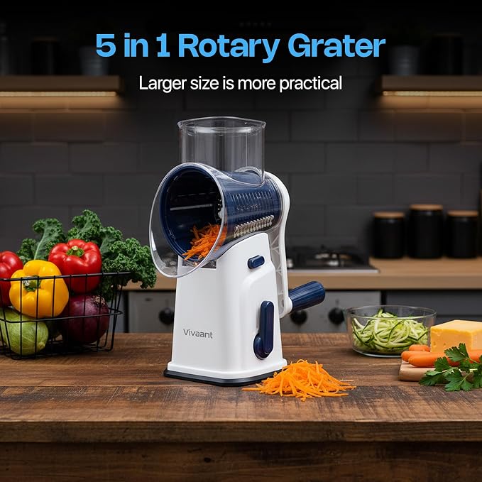 Rotary Cheese Grater Hand Crank, 5 Blade Shredder with Suction Base | Suction Base Locks to Counter, Stainless Blades, Hand Held Cheese Grinder with Handle for Veggies, Nuts & Hard Cheese