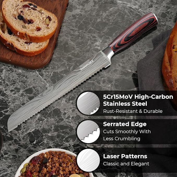 DiiHAUZZ 10 Inch Bread Knife, Serrated Knife for Homemade Bread Sourdough | High Carbon Stainless Steel, Razor Sharp Edge, Ergonomic Pakkawood Handle, for Cutting and Slicing Bagel Cake, Gift Box