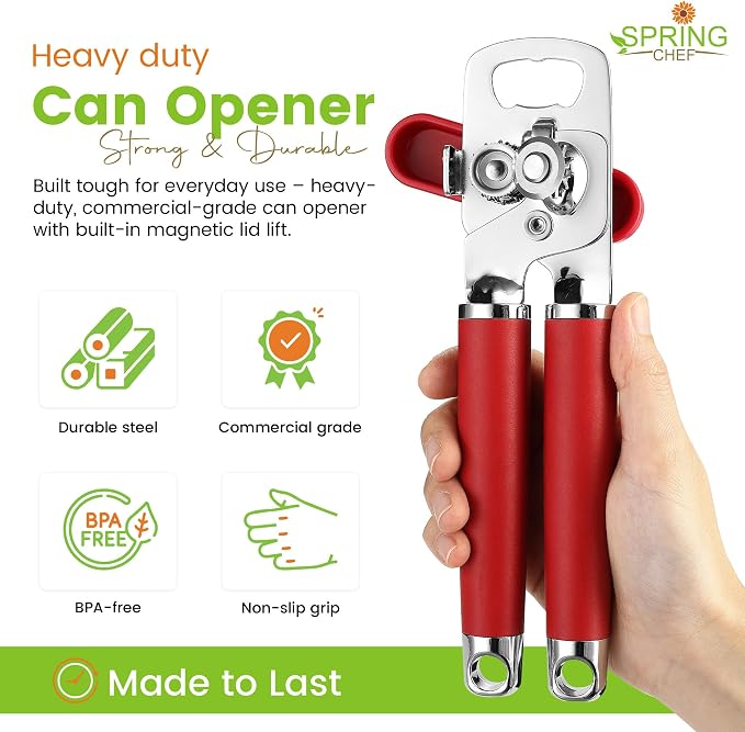 Spring Chef Stainless Steel Manual Can Opener with Soft Grip Handles, Red | Heavy Duty Hand Can Opener for Seniors with Smooth Edge, Easy Turn, 3in1 Can Opener with Magnetic Lid Remover & Bottle Opener