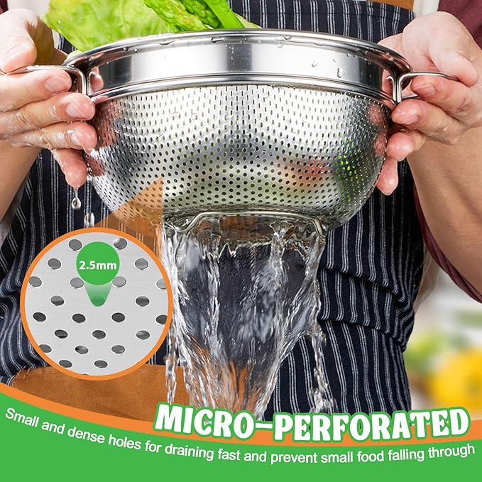 P&P CHEF 3 Quart Colander Strainer Stainless Steel Kitchen, 1PC | Metal Micro-Perforated Colander for Rinsing Washing Draining, Dishwasher Safe, Shiny Silver