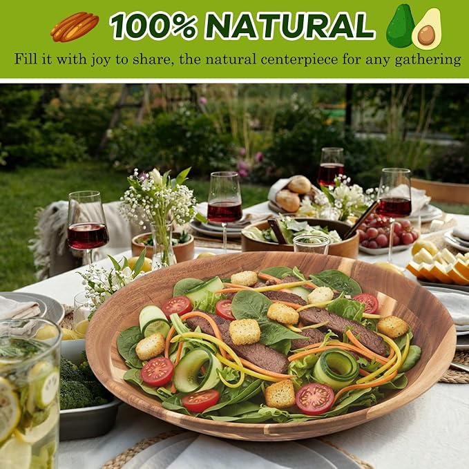 Geiserailie Extra Large 18 Inch Acacia Wood Salad Bowl Set Wooden Serving with Serving Utensils Oversized All Purpose Bowl for Fruits Salad Kitchen for Housewarming Wedding Table Display Gift