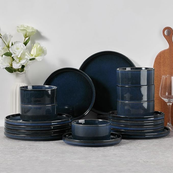 E-far Stoneware Dinnerware Sets, 18-Pieces Plates and Bowls Sets, Chip & Scratch Resistant Ribbed Dishes Set for 6, Modern Kitchen Dinning Porcelain, Dishwasher & Microwave Safe, Midnight Blue