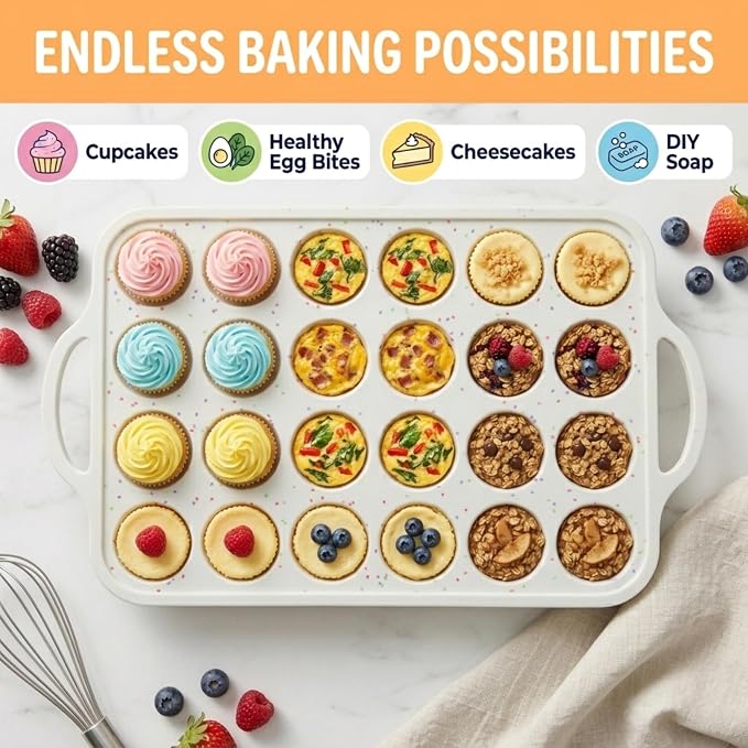 Silicone Mini Muffin Pan, 24 Cup 2 Pack with Metal Reinforced Frame | LFGB Certified BPA-Free Silicone Mini Muffin Pan for Baking with Nonstick Surface for Easy Release.