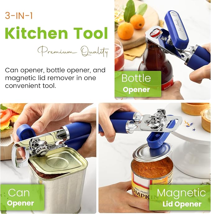 Spring Chef Stainless Steel Manual Can Opener w/Soft Grip Handle, Sapphire | Heavy Duty Hand Can Opener for Seniors with Smooth Edge, Easy Turn, 3in1 Can Opener with Magnetic Lid Remover & Bottle Opener