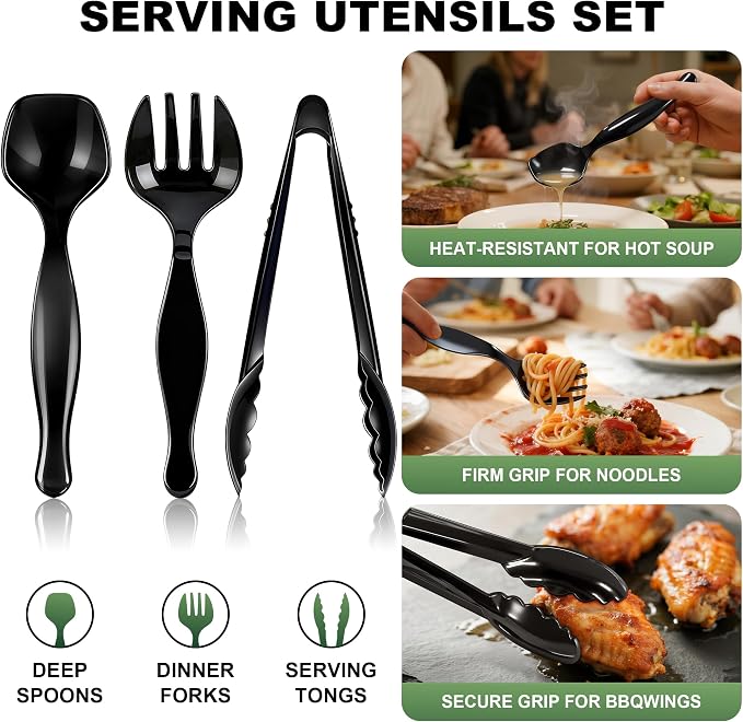 72Pcs Disposable Plastic Serving Utensils Set, 24 Black Spoons, 24 Forks, 24 Tongs, 9-Inch for Party Buffet Catering Events, Heavy Duty and Ergonomic Design (72, Black)