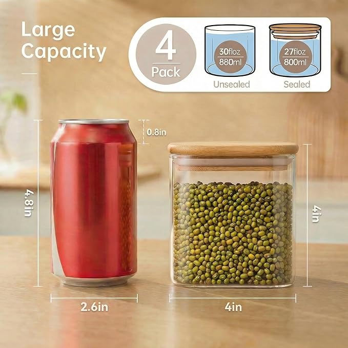 27oz Square Glass Food Storage Containers with Airtight Bamboo Lids, 4 Pack | Pantry Jars for Flour, Sugar, Pasta & Spices, Durable Borosilicate Glass Canister Keep Food Dry & Fresh, Easy to Fill & Clean