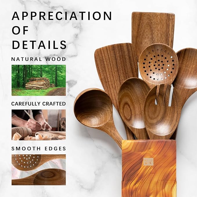 Wooden Spoons for Cooking, 7-Piece Acacia Wood Cooking Utensil Set | Spoons and spatulas stir, mix, flip and serve; balanced handles offer control while staying gentle on nonstick cookware.