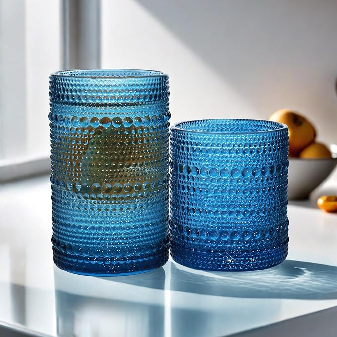 Vintage Hobnail Drinking Glass Set of 8-12 oz Highball & 10 oz Cocktail Tumblers for Whiskey, Juice, Milk