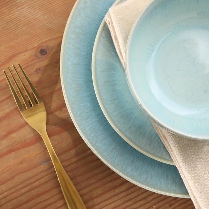 Gibson Elite Pine Coast Plates and Bowls Sets, 12-Piece Stoneware Dinnerware Sets, Reactive Glaze Dish Set - Blue