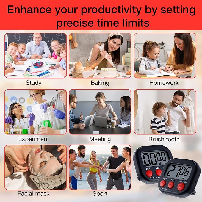 Leumoi 24 Pack Multi-Function Digital Timers with Magnetic Back, Large LCD Display, Loud Alarm, Count up & Countdown, Memory Function for Cooking, Classroom, Study, Exercise & Work(Black and Red)