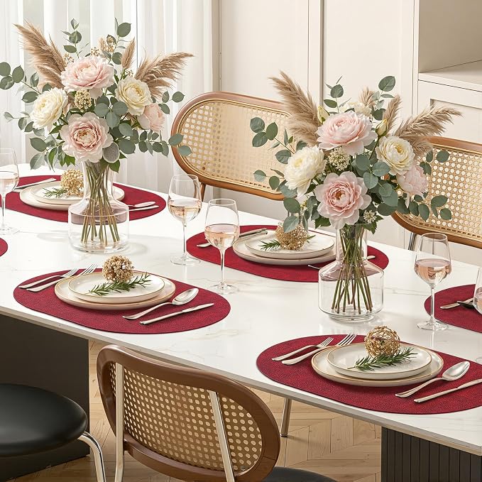 Placemats Set of 6, 11.8 x 17 Inch, Red | Heat Resistant Oval Faux Leather Place Mats, Waterproof Wipeable Reversible PU Placemat, Indoor & Outdoor