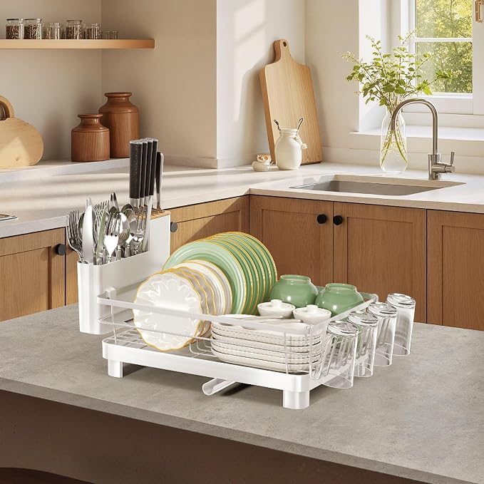 Runnatal Dish Drying Rack with Drainboard for Kitchen Counter and Sink | Large Dish Rack Rustproof Dish Drainer with Detachable 2-in-1 Utensil Holder, Extra Cup Holder, White