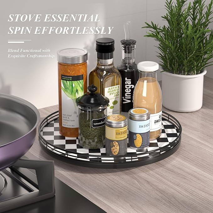 AMH 13-Inch Black and White Checkerboard Lazy Susan with Oak Wood Base | Smooth rotating oak tray with walnut finish for dining tables, kitchen counters, pantries and cabinet storage.