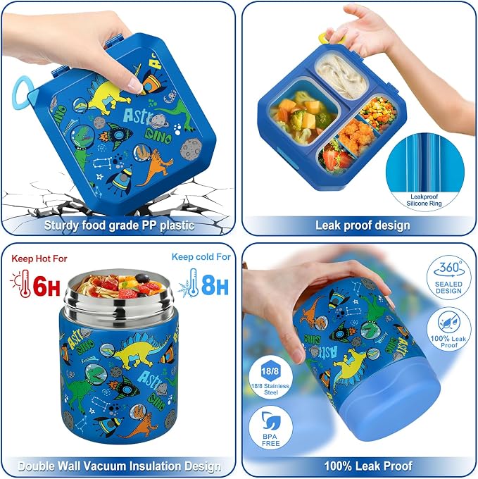 wiwens Bento Lunch Box for Kids with 12oz Soup Thermo Leak-Proof Lunch Food Container with 5 Compartment Thermo Hot Food Jar and Insulated Lunch Bag for Kid Toddler Girls Boys to School