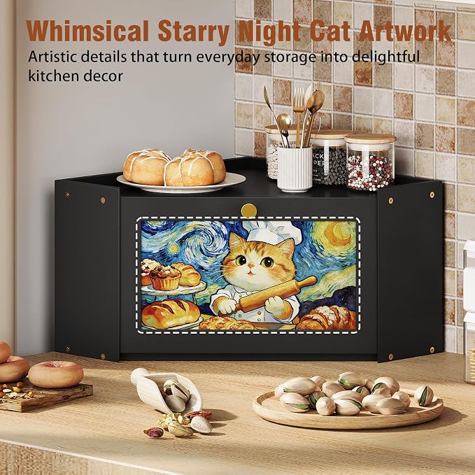 Trironsun Bread Box for Kitchen Counter Van Gogh Inspired Starry Night Cat Bread Storage Container with Acrylic Door Cute Baker Cat Design Unique Breadbox Organizer (Black, 1 Layer)