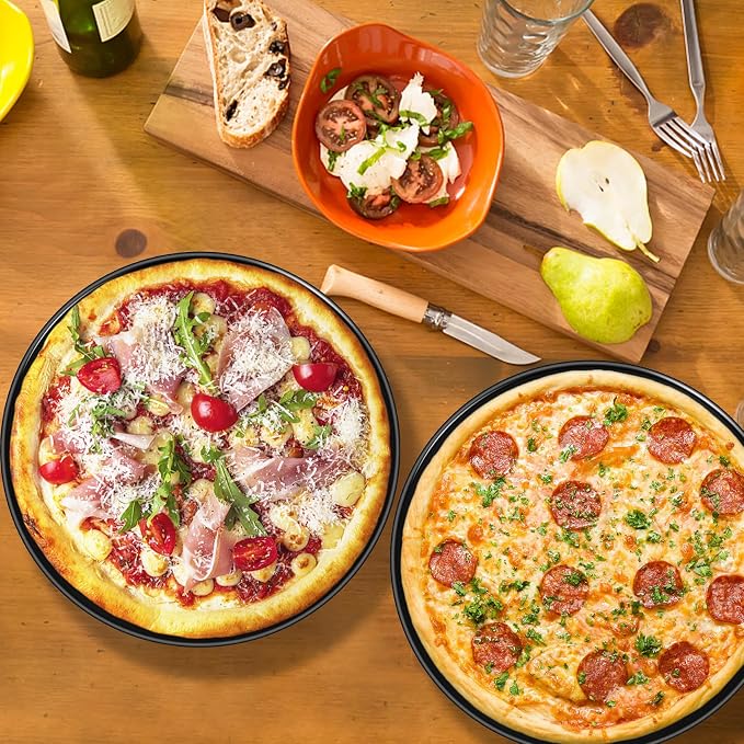 P&P CHEF Pizza Pan Set of 2, 12 Inch Stainless Steel Pizza Tray, Black | 2 Pieces Round Pizzas Plate for Pie Cookie Cake, Good For Baking Cooking Roasting, Non Toxic & Heavy Duty, Dishwasher Safe