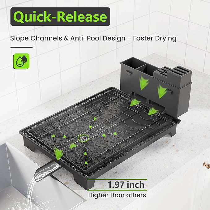 2-Tier Foldable Dish Drying Rack with Drainboard, Stainless Steel Large Capacity Kitchen Counter Organizer with Cup Holder, Utensil & Cutting Board Storage, No Assembly Required, Black