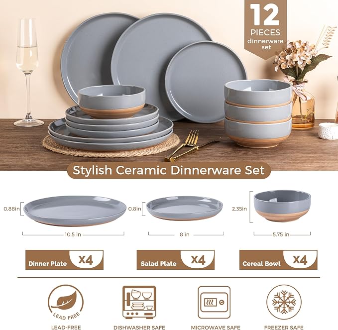 AmorArc Dinnerware Sets for 4, 12 Pieces Ceramic Plates and Bowls Set | Scratch Resistant Stoneware Dishes Set, Dishwasher & Microwave Safe,Gray