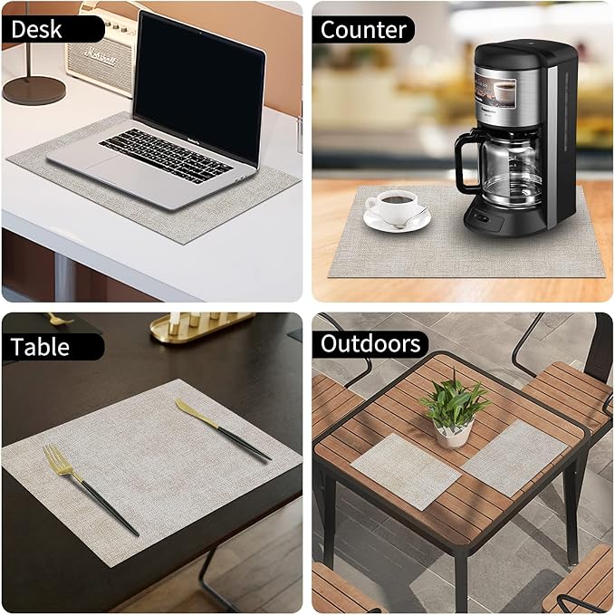 Faux Leather Heat Resistant Placemats 8 Packs, Waterproof Wipeable Dining PU Place Mats for Indoor & Outdoor, Easy to Clean, Beige