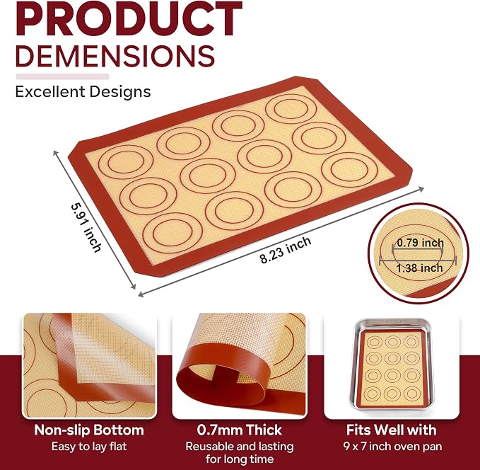 P&P CHEF 8.6 Inch Silicone Baking Mat, 2Pcs Non-stick Silicone Oven Mats | Reusable Baking Supplies for Macaroon Pastry Bread Dough Cookie Pizza, Good for Roasting Kneading, Fit Well with Sheet Pan