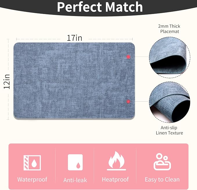 Maxpearl Faux Leather Placemats Set of 6, Easy to Clean, Blue | Waterproof - Heat Resistant - Non Slip - Wipe Clean Dining Table Place Mats, Suitable for Indoor & Outdoor Use, 17''×12''