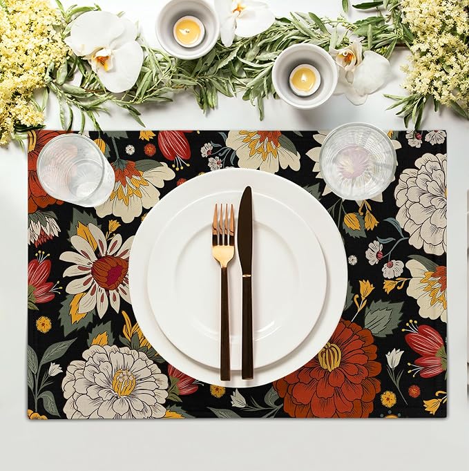 Black Boho Floral Placemats Set of 4 Spring Summer Vintage Flowers Botanical Decorative Table Mats Mid Century Modern Linen Place Mats for Party Kitchen Dining Outdoor Indoor Decor