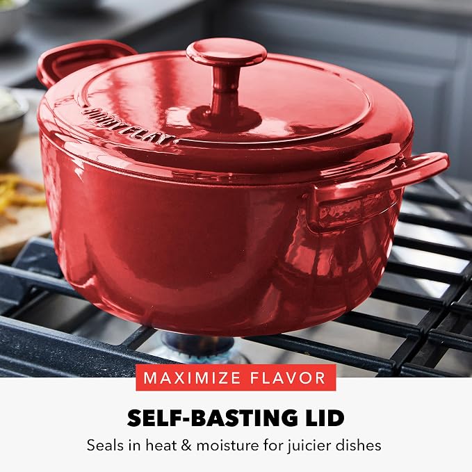 GreenPan x Bobby Flay 5.5QT Enameled Cast Iron Dutch Oven With Lid, Red | Casserole Pot for Braising, Stews, Bread Baking & Searing, Self-Basting Lid, Induction Ready, Oven Safe To 500, Gold Lid Knob