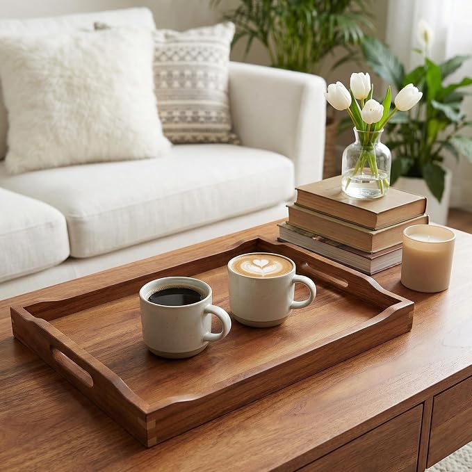 Acacia Wood Serving Tray with Handles, Rectangular Wooden Ottoman Tray for Coffee Table, Breakfast in Bed, Drinks, Kitchen Countertop and Home Decor