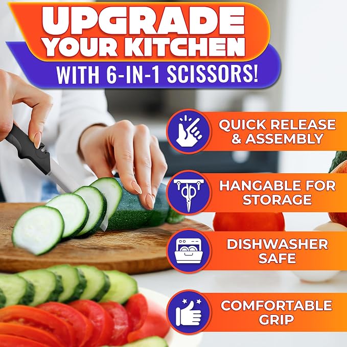 6-in-1 Cutting Board Scissors, Dishwasher Safe and Spring Assist | Meat, Fruits, Fish & Vegetable Scissors Food Cutter, Spring-Assist for Faster Prep, Safety Lock, Fish Scaler, Dishwasher-Safe