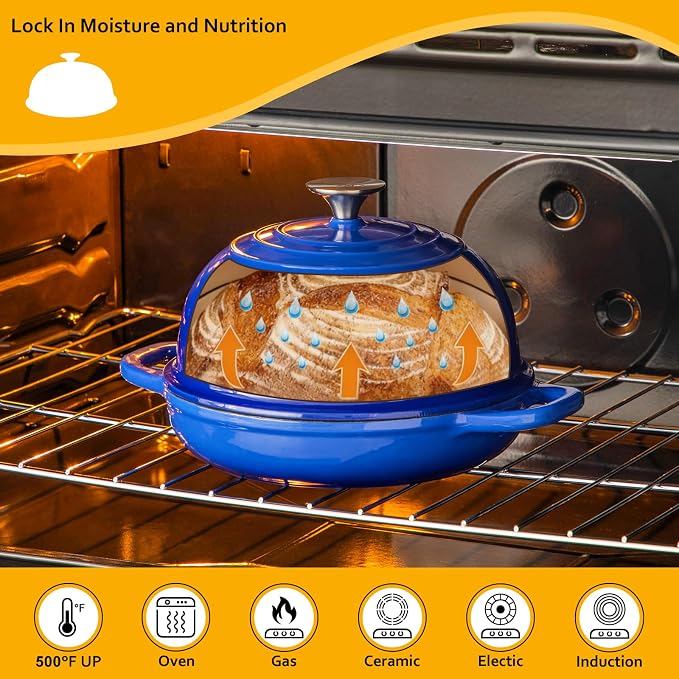 Velaze 5 QT Enameled Cast Iron Dutch Oven for Bread Baking with Dome Lid | Traps Steam for Crispy Artisan Sourdough Bread,Oven Safe,Ergonomic Handles,Gift for Bakers and Bakery Style Loaves,Blue