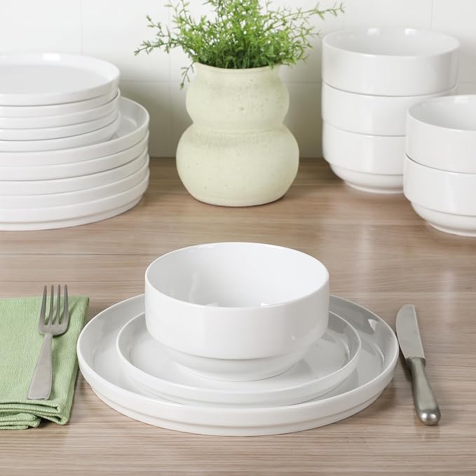 Gibson Home Rothernberg 18-Piece Stackable Porcelain Dinnerware Set, Service for 6 – White Plates and Bowls, Microwave & Dishwasher Safe