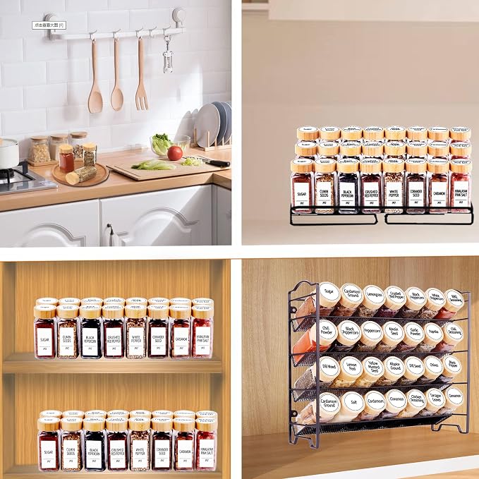 SWOMMOLY 24 Pcs Spice Jars with Labels, 4 oz Glass Jars with Bamboo Lids | Square Spice Bottles with Shaker Lids, 366 White Labels, Chalk Marker, Funnel- Spice Containers for Racks, Cabinets, Drawers