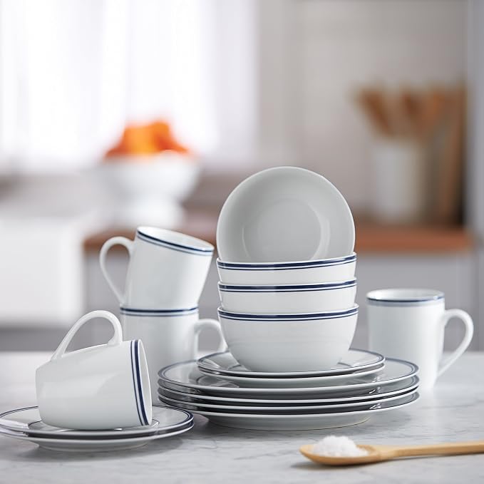 Amazon Basics 16-Piece Cafe Stripe Dinnerware Set, Microwave and Dishwasher Safe, Plates, Bowls, Mugs, Service for 4, Blue