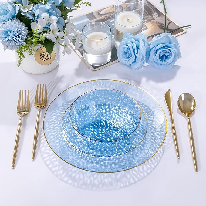 30 Pack 12 Ounce Blue Plastic Bowls Hammered Clear Bowl with Gold Rimmed, Heavy Duty Disposable Bowl Set,Elegant Small Bowls for Party, Weddings, Catering
