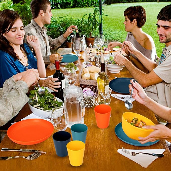 32-Piece Unbreakable Wheat Straw Dinnerware Set,Service for 8 | Premium multi-color wheat straw plates,bowls and cups set for family gatherings,rv camping,and everyday indoor-outdoor dining