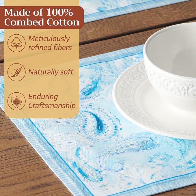 Maison d' Hermine Placemats Set of 4 Reusable 100% Combed Cotton (13"x19") | Cloth Place Mats Washable Table Mats for Kitchen Dining Party Wedding Hotel Home Restaurant Spring Summer - Paisley Blues