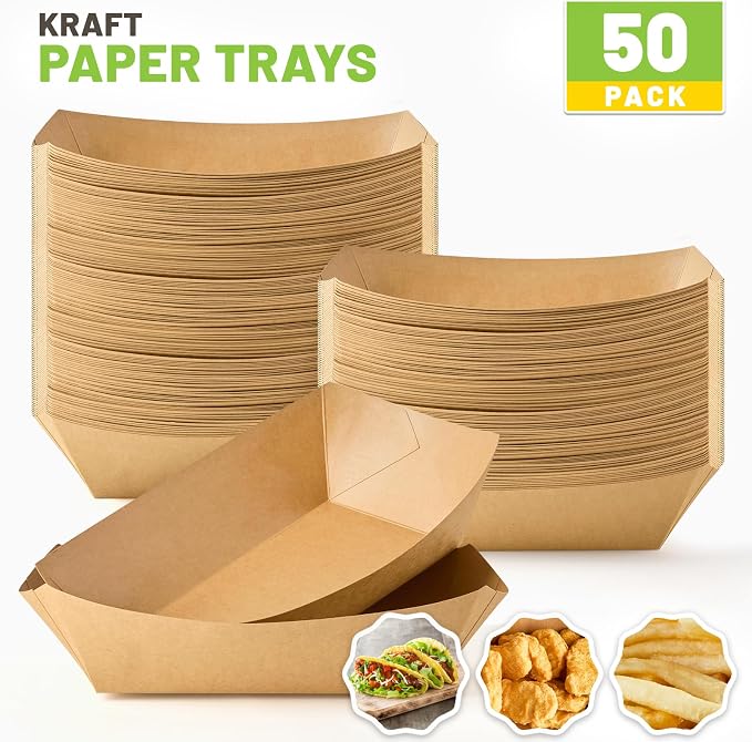 ZORRITA Extra Large Paper Food Trays, 5 LB, 50 Pack | Disposable, Kraft Paper, Nacho Trays, Food Boats, Party Serving Baskets, For Sandwiches Burgers Popcorns Snacks