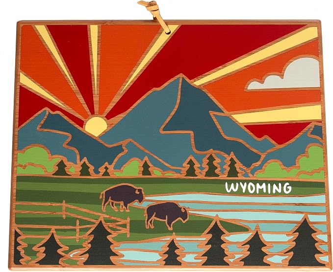 Totally Bamboo Wyoming State Shaped Cutting Board, Summer Stokes Art | State charcuterie board with colorful hand-drawn landscape art. Smooth reverse side for food prep. Hang tie for wall display.