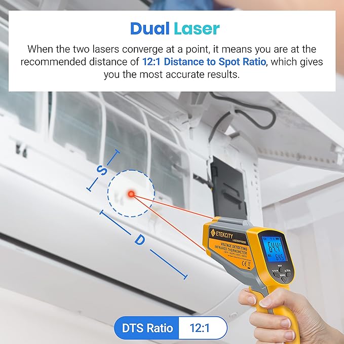 Etekcity Infrared Thermometer 1025D (Not for Human) Dual Laser Temperature Gun-58℉~1022℉ (-50℃~550℃) with Adjustable Emissivity, Non-Contact Voltage Tester (NCV), Standard Size, Yellow & Gray | Pizza Oven, Griddle, BBQ, Meat, HVAC, Engine, Electricians...
