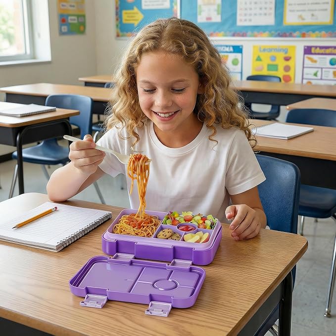 Bento Lunch Box for Kids, 5/6 Compartments, 3 Cups, Purple | Dishwasher Safe, Back to School Snack Bento Lunch Containers Boxes, Ideal Portion Sizes for On-the-Go Meal, Ages 3+, School