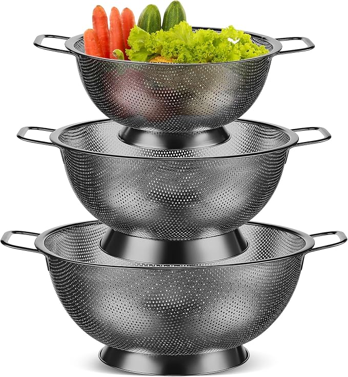 3 Pcs Stainless Steel Colander Set Colander Bowl and Sieves 1/3/5 Quart Metal Mesh Strainer Net Basket with Handles Food Spaghetti Strainer for Kitchen Draining Pasta Rinsing(Black)