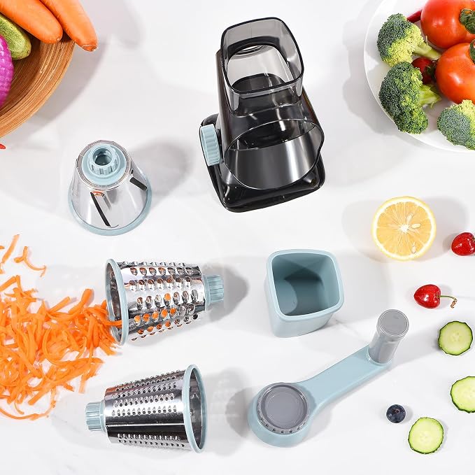Rotary Cheese Grater with Handle Kitchen Shredder Slicer Grater Slicer Ice Shaver Cheese Vegetable Nuts Potato Zucchini Chocolate 3 Interchangeable Blades (GreyBlue