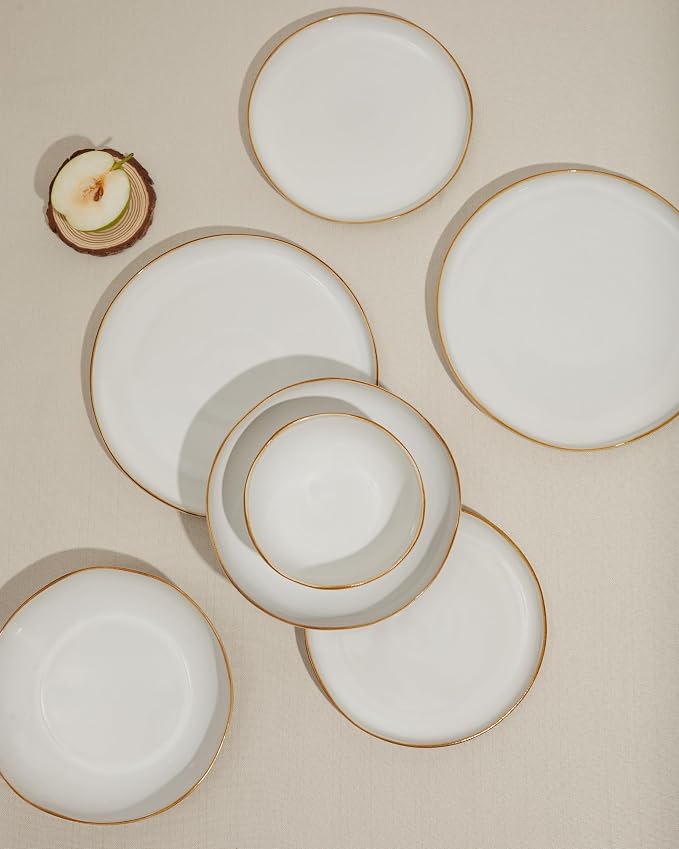 Dinnerware Set for 4, Ceramic Dish Set, Plate and Bowl Set, Microwave & Dishwasher Safe Dishware Set, Chip & Scratch Resistant Dinner Sets, Irregular Edge Design, White